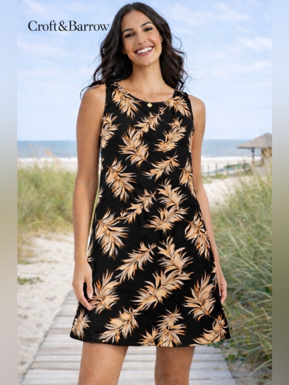 Croft & Barrow Black Palm Leaf Shift Dress. Sleeveless Tropical Midi. Sz. M